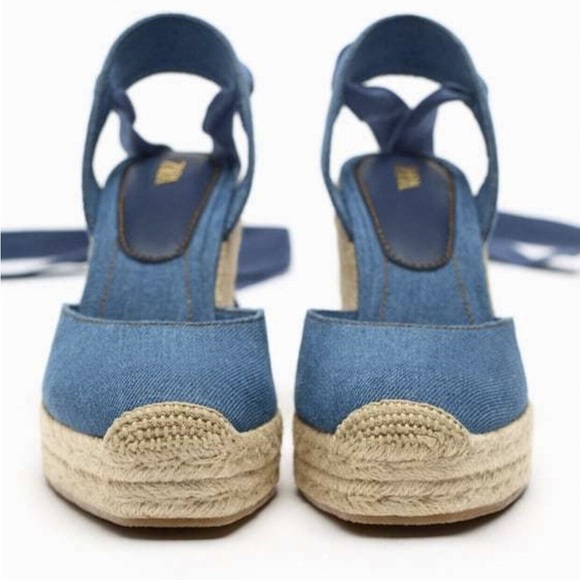 ZARA Tied Blue Denim Wedge Heel Shoes Platforms Lace Up Size 5 /36 - Picture 9 of 9